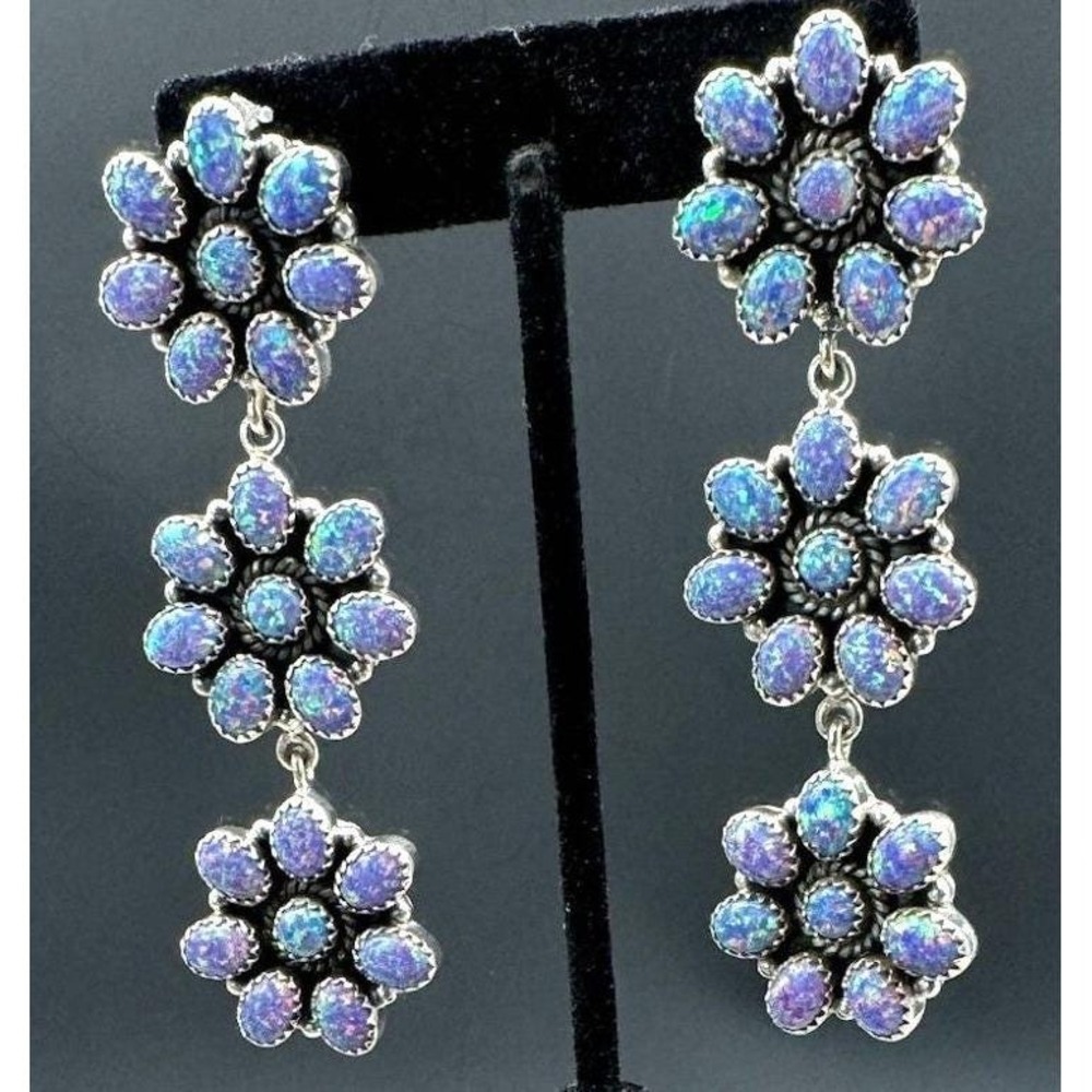 Vintage Earrings Iridescent Rainbow Floral Multi Stone Sterling Shoulder Dusters